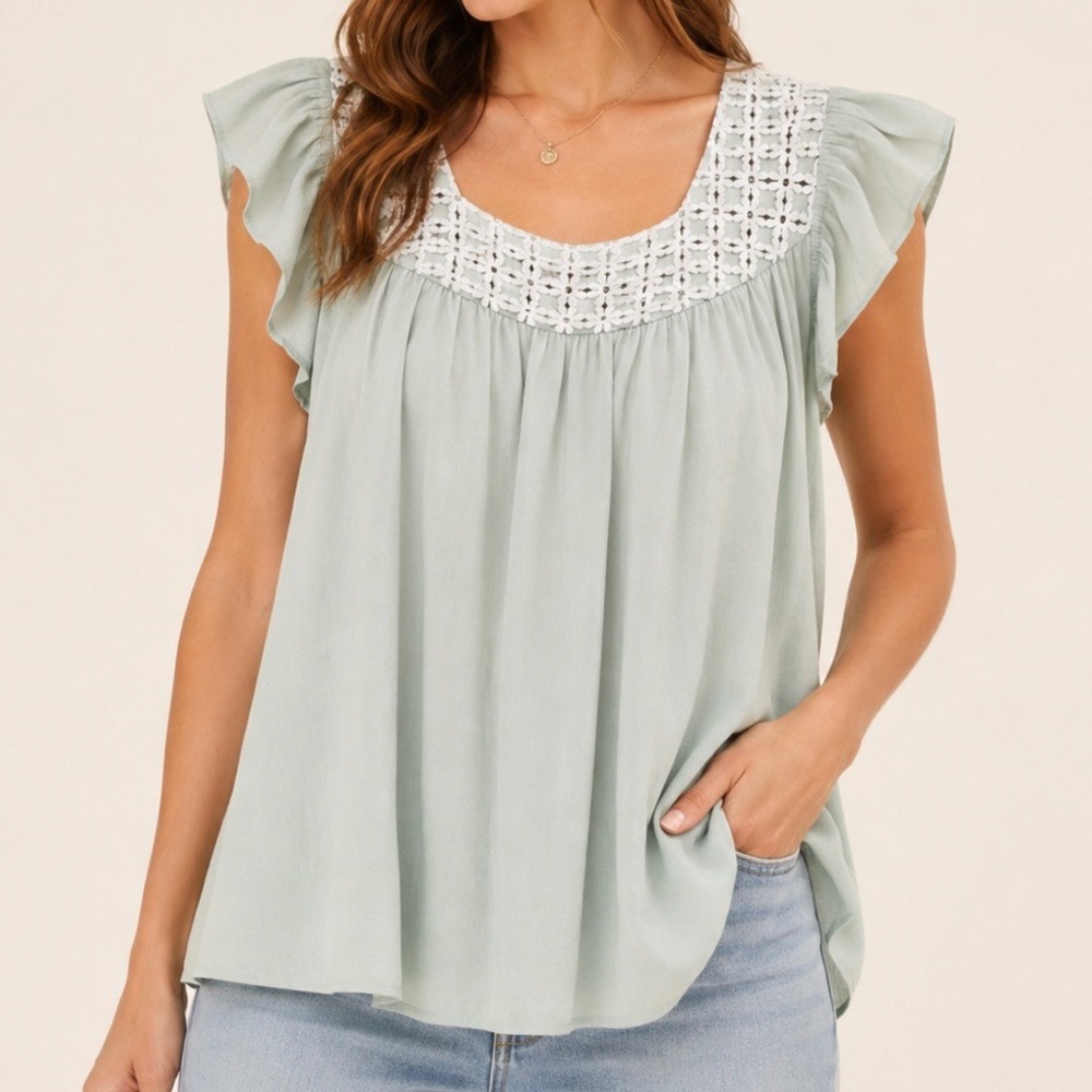 On Twelfth Mint Green Flutter Sleeve Babydoll Blouse Lace Yoke Boho Cottagecore